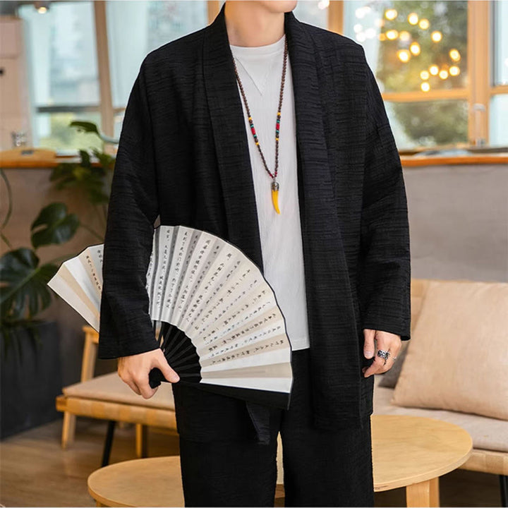 Abrigo de largo medio para hombre de mezcla de lino liso y holgado con Buddha Stones en otoño - image 8