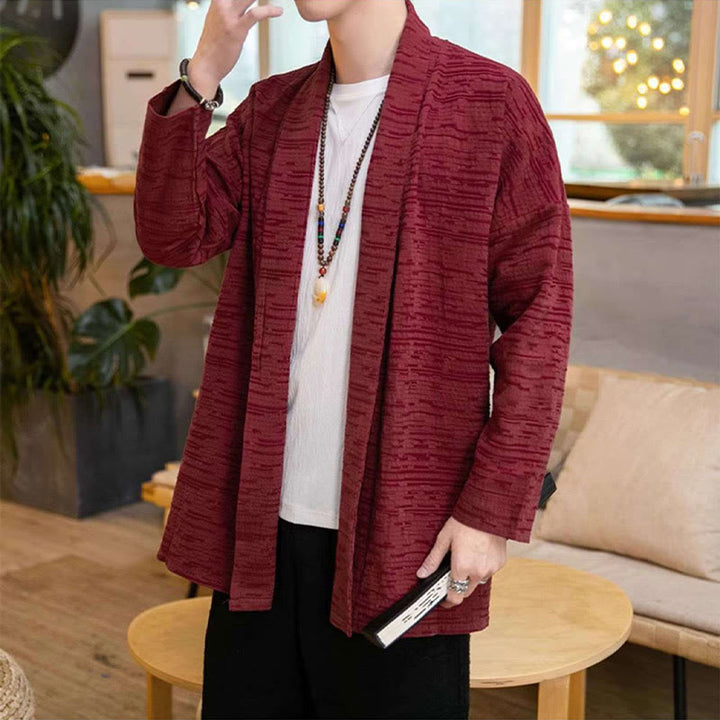 Abrigo de largo medio para hombre de mezcla de lino liso y holgado con Buddha Stones en otoño - image 12