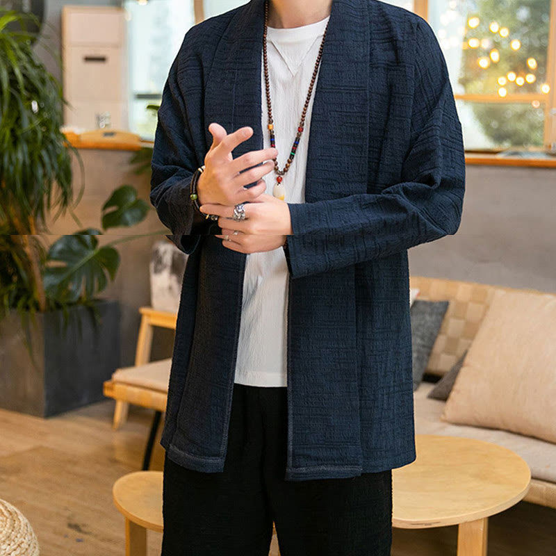 Abrigo de largo medio para hombre de mezcla de lino liso y holgado con Buddha Stones en otoño - image 19