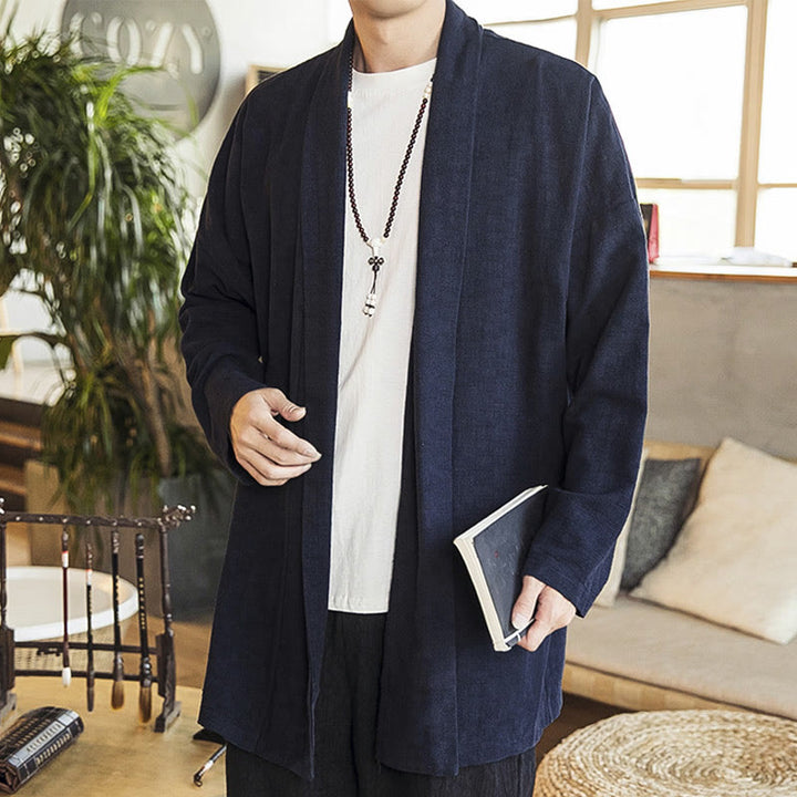 Abrigo de lino y algodón informal sencillo de otoño con Buddha Stones para hombre - Azul medianoche - US/UK/AU42, EU52 (3XL) - image 6