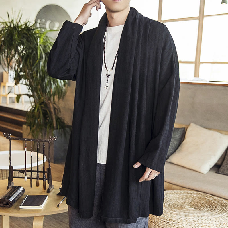 Abrigo de longitud media para hombre de mezcla de lino liso, holgado e informal, con Buddha Stones, para otoño - Negro - US/UK/AU42, EU52 (3XL) - image 9