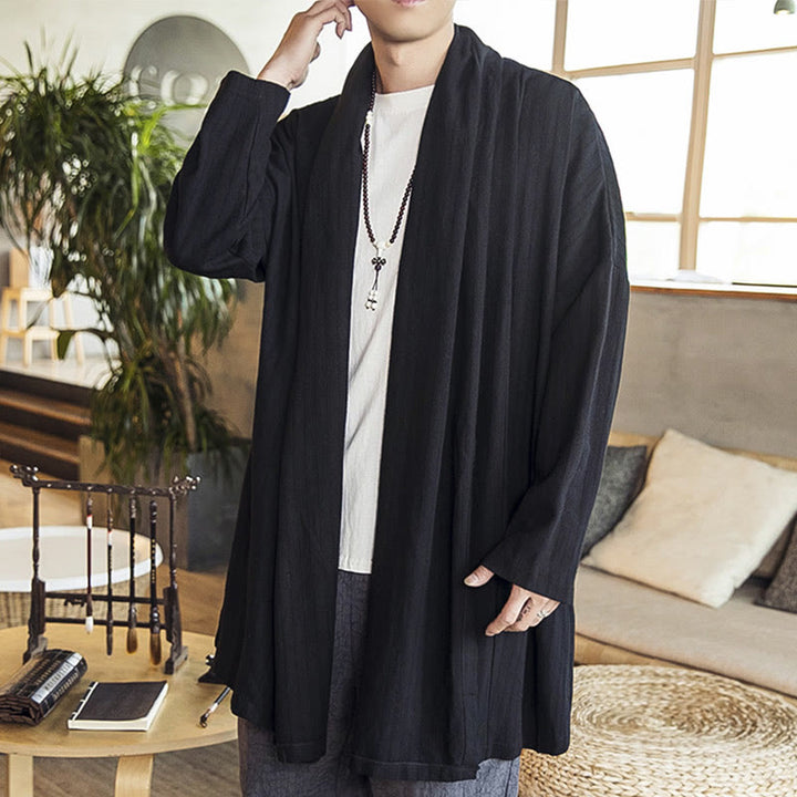 Abrigo de longitud media para hombre de mezcla de lino liso, holgado e informal, con Buddha Stones, para otoño - Negro - US/UK/AU42, EU52 (3XL) - image 9