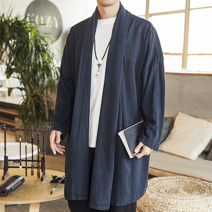 Abrigo de longitud media para hombre de mezcla de lino liso, holgado e informal, con Buddha Stones, para otoño - Azul acero - US/UK/AU42, EU52 (3XL) - image 15