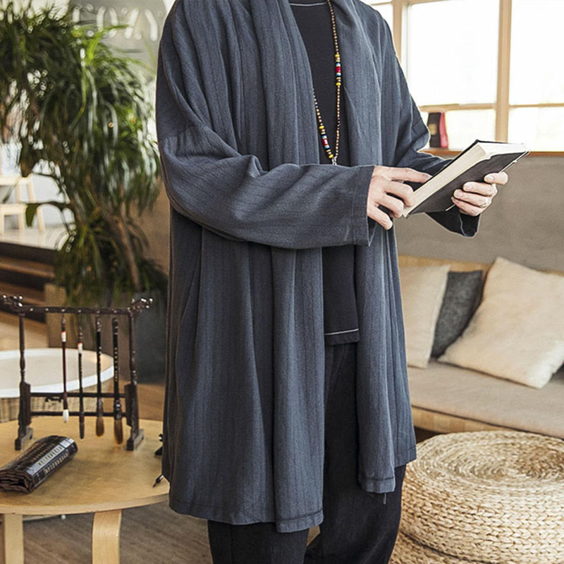 Abrigo de longitud media para hombre de mezcla de lino liso, holgado e informal, con Buddha Stones, para otoño - image 3