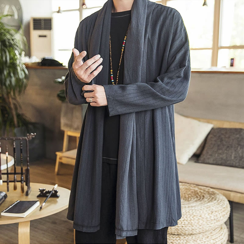 Abrigo de longitud media para hombre de mezcla de lino liso, holgado e informal, con Buddha Stones, para otoño - image 1