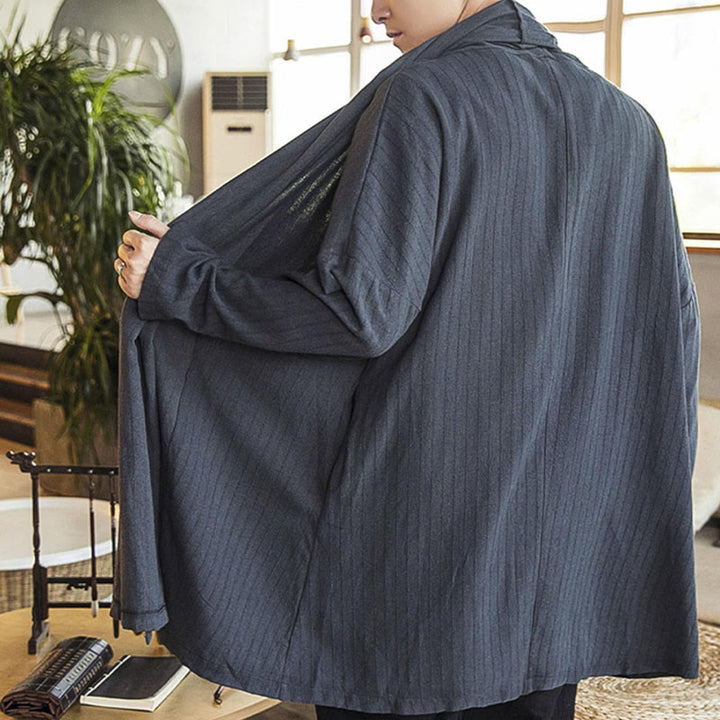 Abrigo de longitud media para hombre de mezcla de lino liso, holgado e informal, con Buddha Stones, para otoño - image 9