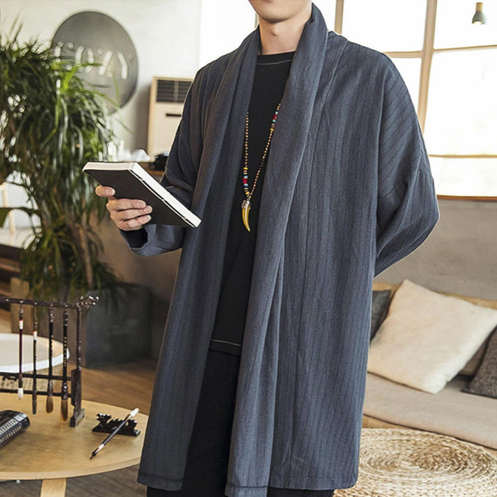 Abrigo de longitud media para hombre de mezcla de lino liso, holgado e informal, con Buddha Stones, para otoño - image 5