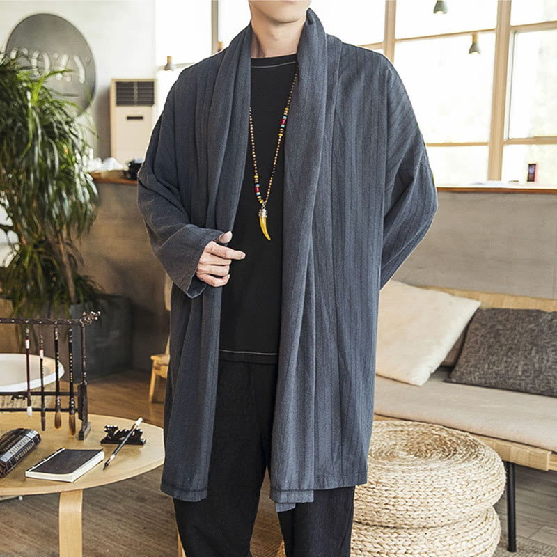 Abrigo de longitud media para hombre de mezcla de lino liso, holgado e informal, con Buddha Stones, para otoño - image 7