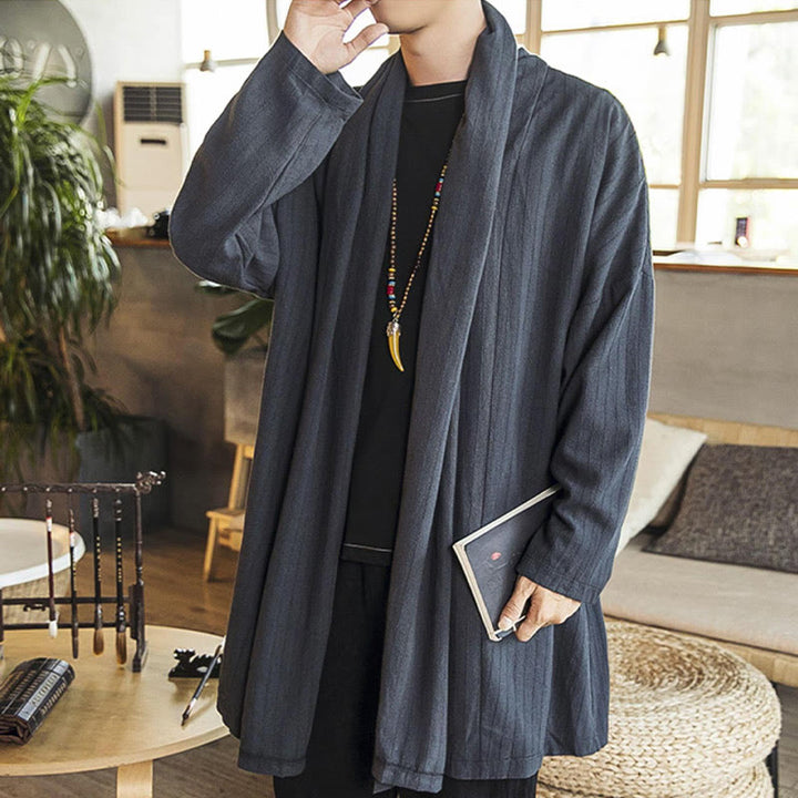 Abrigo de longitud media para hombre de mezcla de lino liso, holgado e informal, con Buddha Stones, para otoño - image 6