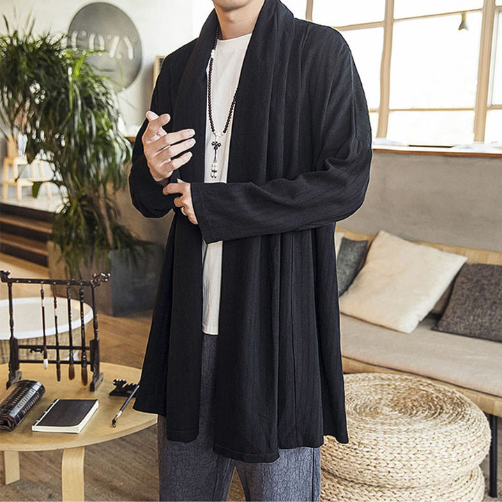Abrigo de longitud media para hombre de mezcla de lino liso, holgado e informal, con Buddha Stones, para otoño - image 11