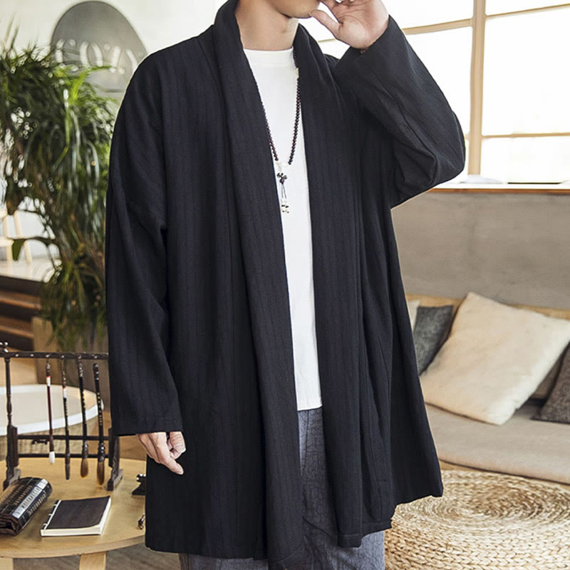 Abrigo de longitud media para hombre de mezcla de lino liso, holgado e informal, con Buddha Stones, para otoño - image 10