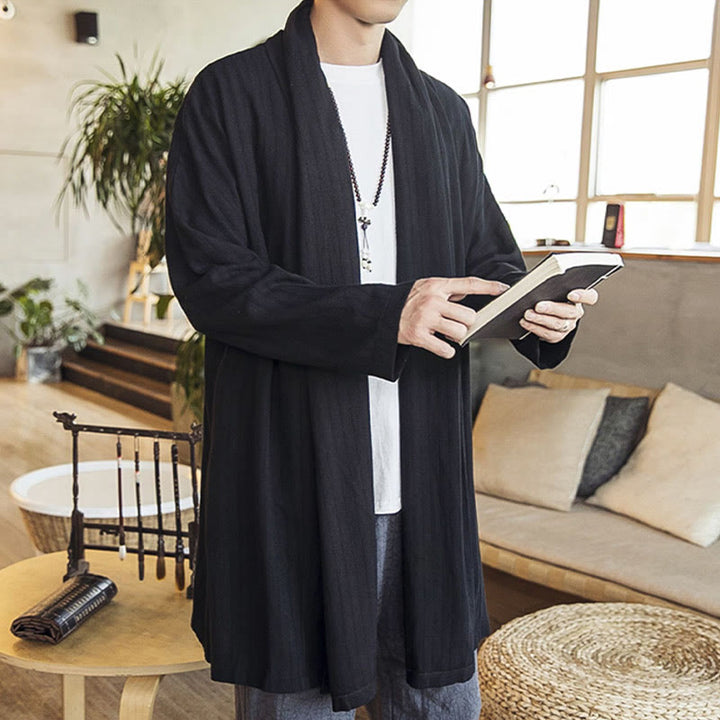 Abrigo de longitud media para hombre de mezcla de lino liso, holgado e informal, con Buddha Stones, para otoño - image 12
