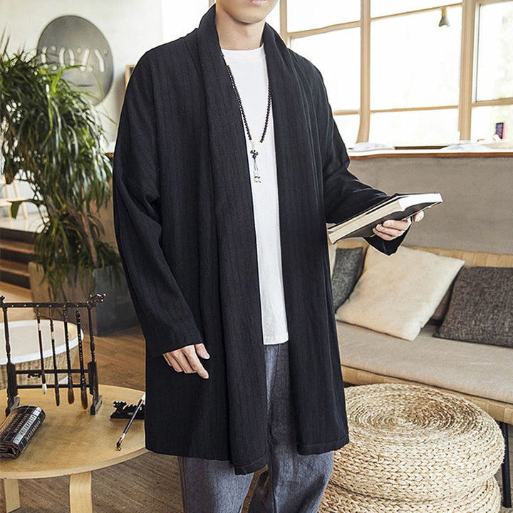 Abrigo de longitud media para hombre de mezcla de lino liso, holgado e informal, con Buddha Stones, para otoño - image 13