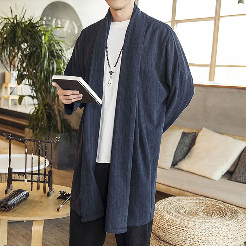 Abrigo de longitud media para hombre de mezcla de lino liso, holgado e informal, con Buddha Stones, para otoño - image 16