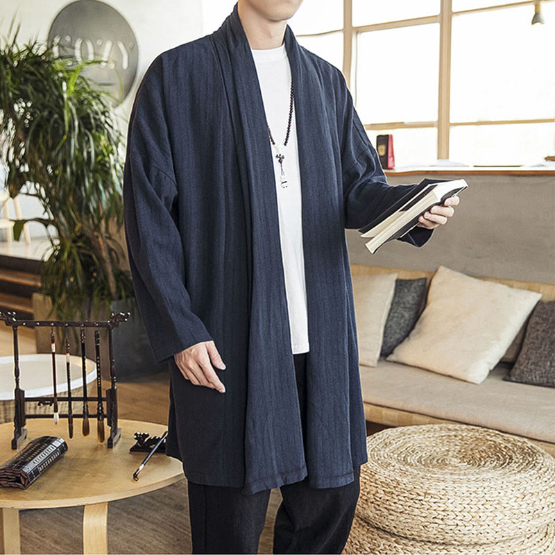 Abrigo de longitud media para hombre de mezcla de lino liso, holgado e informal, con Buddha Stones, para otoño - image 18