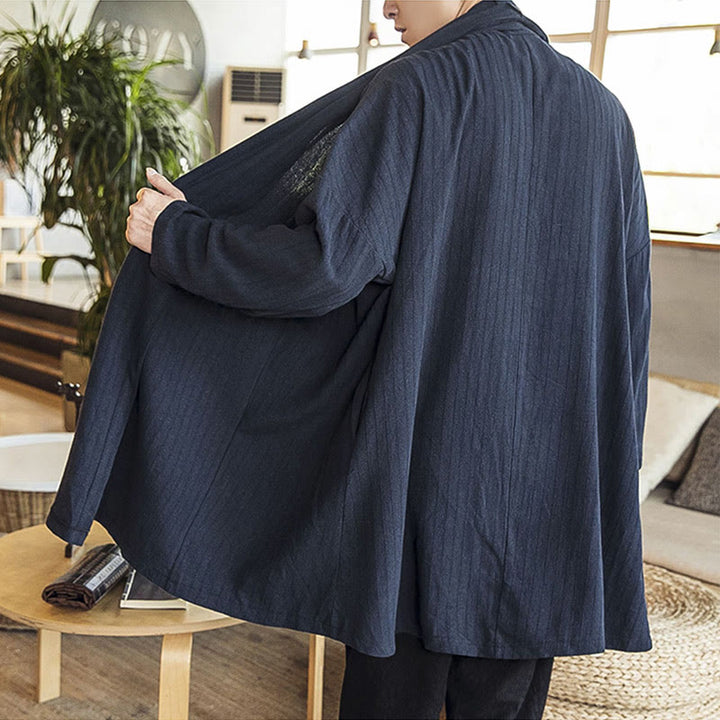 Abrigo de longitud media para hombre de mezcla de lino liso, holgado e informal, con Buddha Stones, para otoño - image 23