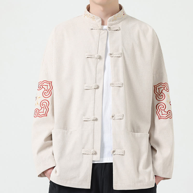 Traje Tang con Buddha Stones, chaqueta de pana de algodón con bordado simétrico y bolsillos