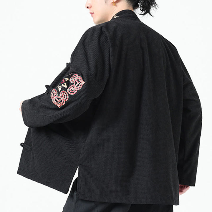 Traje Tang con Buddha Stones, chaqueta de pana de algodón con bordado simétrico y bolsillos