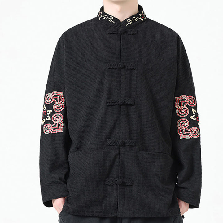 Traje Tang con Buddha Stones, chaqueta de pana de algodón con bordado simétrico y bolsillos