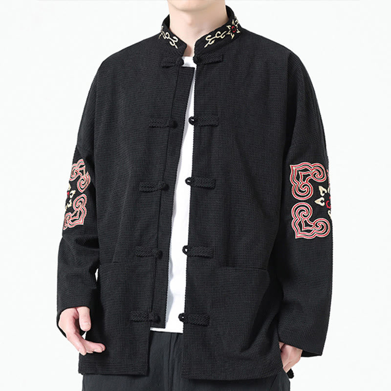 Traje Tang con Buddha Stones, chaqueta de pana de algodón con bordado simétrico y bolsillos