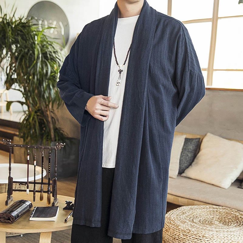 Abrigo de longitud media para hombre de mezcla de lino liso, holgado e informal, con Buddha Stones, para otoño - image 19