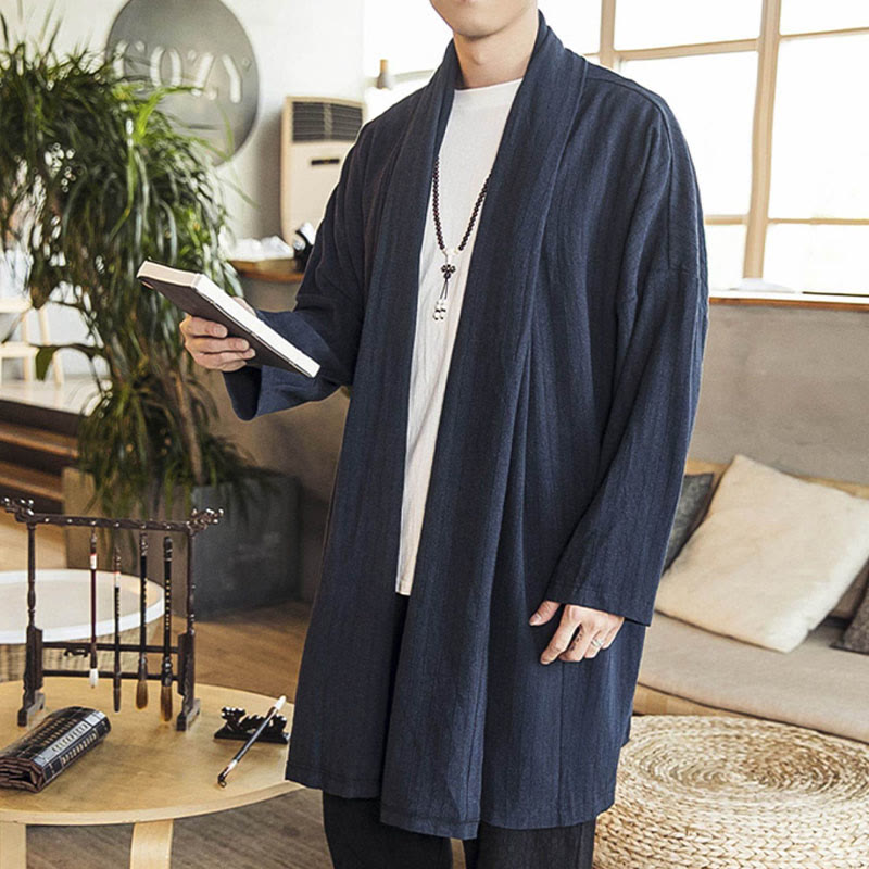 Abrigo de longitud media para hombre de mezcla de lino liso, holgado e informal, con Buddha Stones, para otoño - image 17