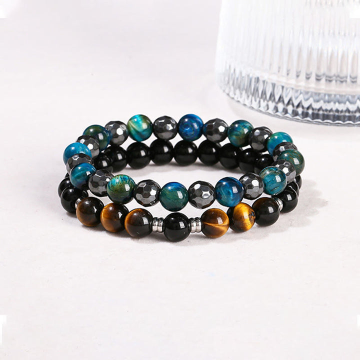 Juego de 2 pulseras poderosas de ojo de tigre y hematita y ojo de tigre azul con Buddha Stones