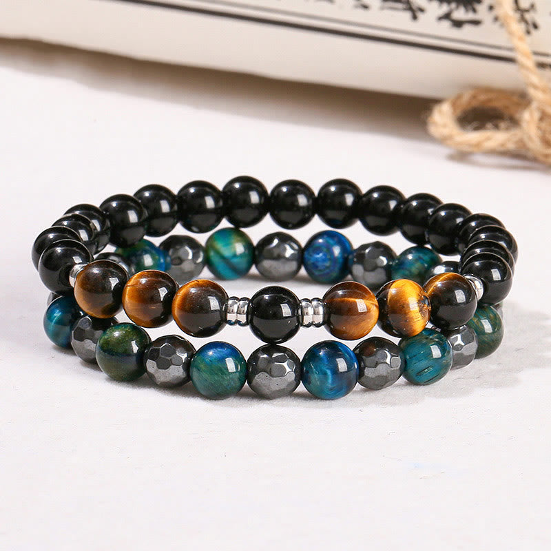 Juego de 2 pulseras poderosas de ojo de tigre y hematita y ojo de tigre azul con Buddha Stones