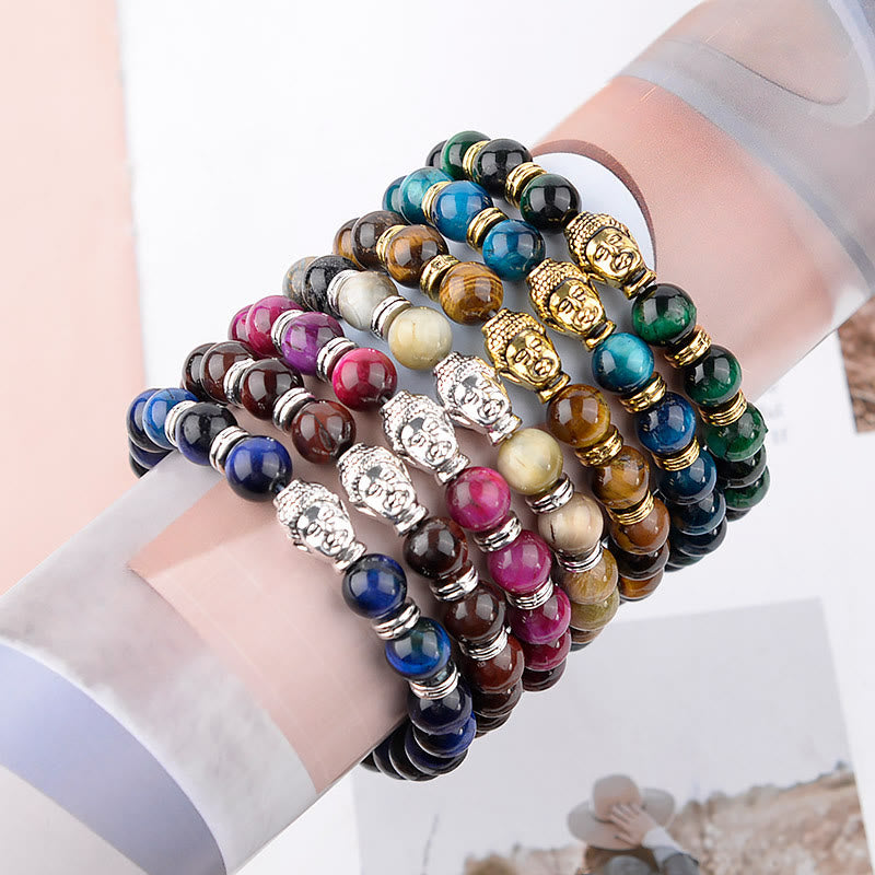 Pulsera de equilibrio con cabeza de Buda y ojo de tigre azul, verde y rojo con Buddha Stones