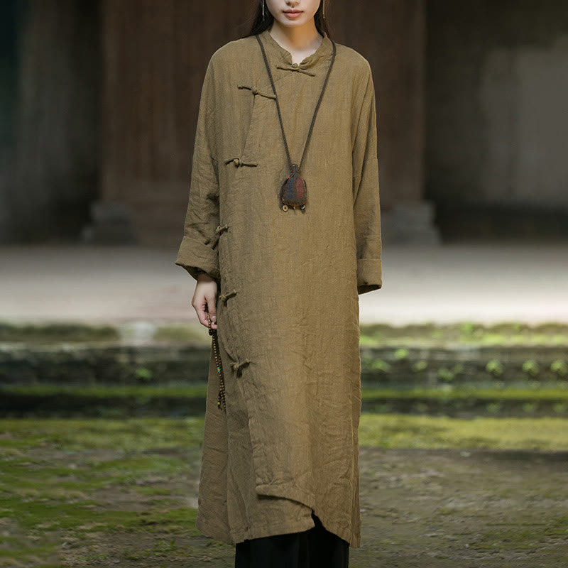 Vestido midi de lino y algodón con ramio y mangas largas con botones de rana en color liso y bolsillos de Buddha Stones - image 1