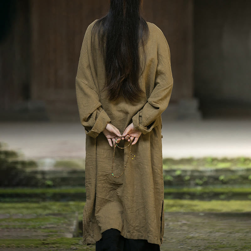Vestido midi de lino y algodón con ramio y mangas largas con botones de rana en color liso y bolsillos de Buddha Stones - image 4
