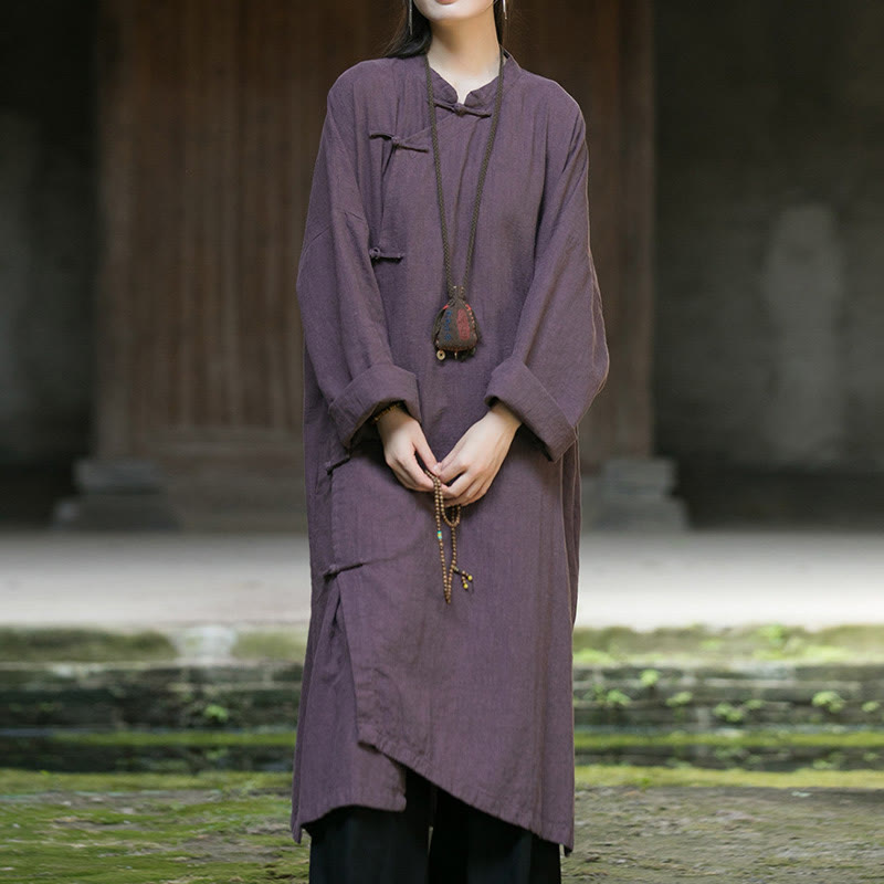 Vestido midi de lino y algodón con ramio y mangas largas con botones de rana en color liso y bolsillos de Buddha Stones - Púrpura - US4-12, UK/AU8-16, EU36-44 (F) - image 16