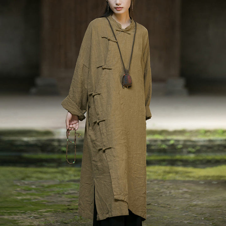 Vestido midi de lino y algodón con ramio y mangas largas con botones de rana en color liso y bolsillos de Buddha Stones - image 10