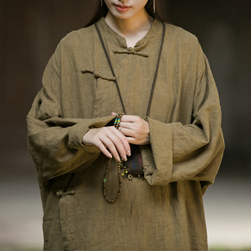 Vestido midi de lino y algodón con ramio y mangas largas con botones de rana en color liso y bolsillos de Buddha Stones - image 13