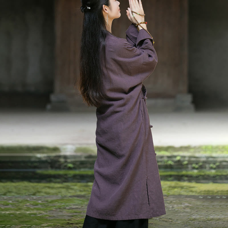 Vestido midi de lino y algodón con ramio y mangas largas con botones de rana en color liso y bolsillos de Buddha Stones - image 19