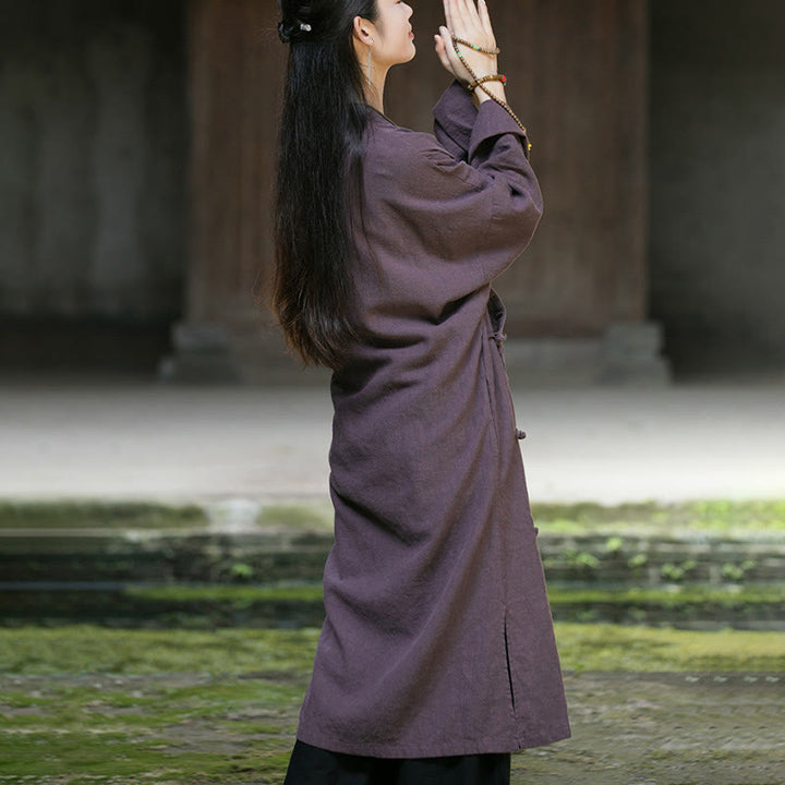 Vestido midi de lino y algodón con ramio y mangas largas con botones de rana en color liso y bolsillos de Buddha Stones - image 19