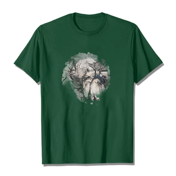 Camiseta con diseño de pabellón de montaña de bambú chino con Buddha Stones - Verde bosque - 2XL - image 10