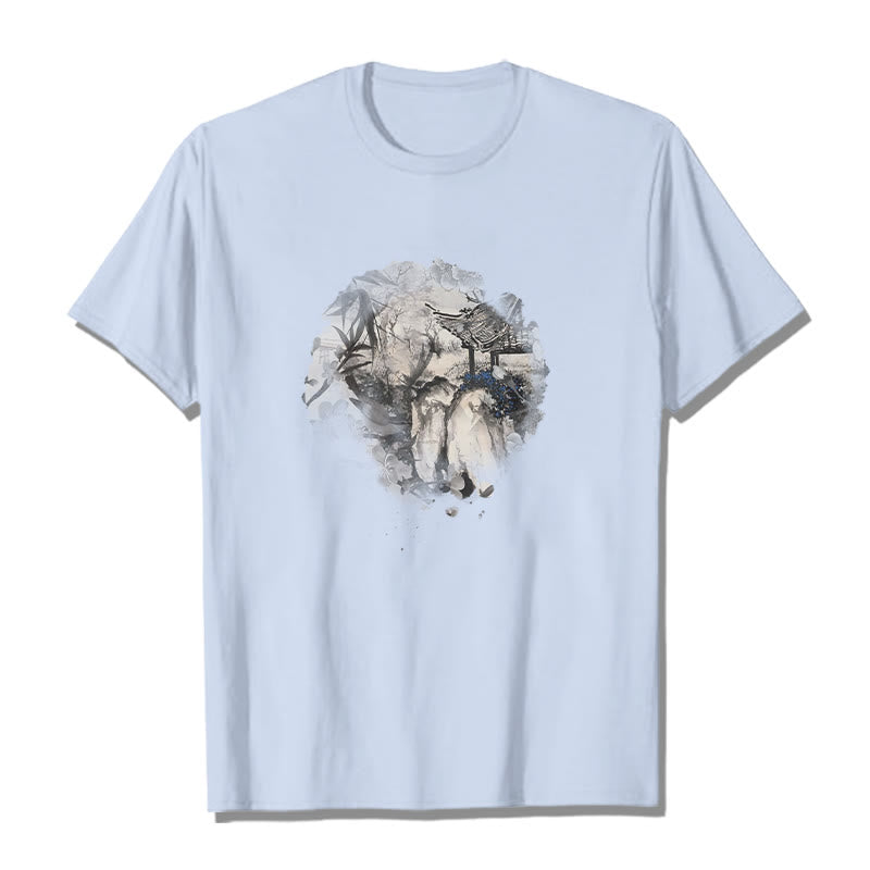 Camiseta con diseño de pabellón de montaña de bambú chino con Buddha Stones - Cian claro - 2XL - image 12