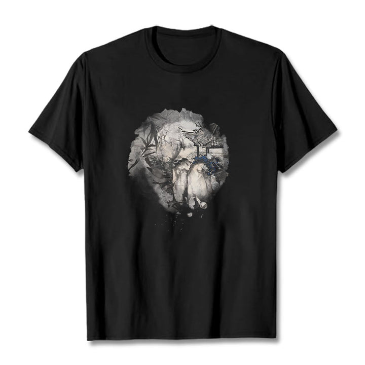 Camiseta con diseño de pabellón de montaña de bambú chino con Buddha Stones - Negro - 2XL - image 0