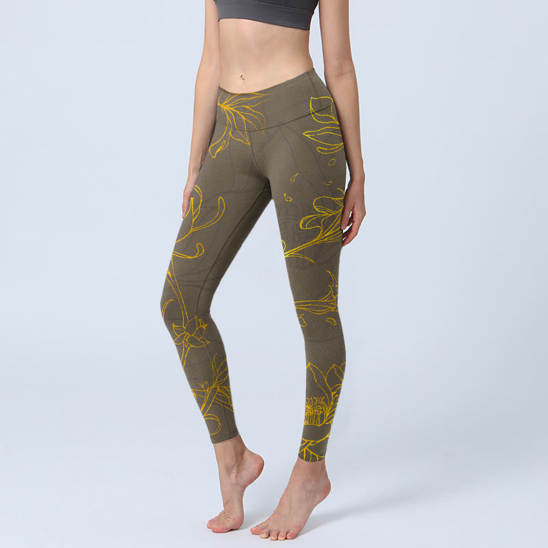 Leggings de yoga para mujer con estampado de hojas de loto y flores de loto de color marrón amarillento y Buddha Stones - Vara de oro oscura - US18，UK/AU22，EU50 (4XL) - image 1