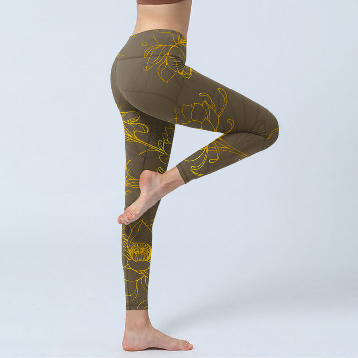 Leggings de yoga para mujer con estampado de hojas de loto y flores de loto de color marrón amarillento y Buddha Stones - image 4