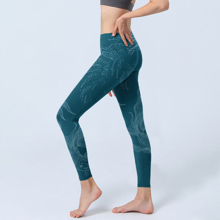 Leggings de yoga para mujer con estampado de ondas fluidas y peces koi azules y Buddha Stones - image 2