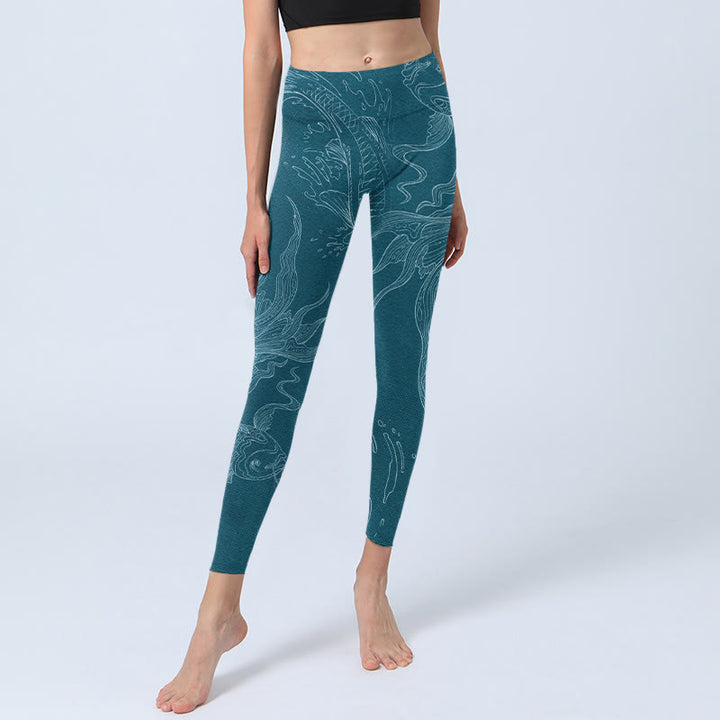 Leggings de yoga para mujer con estampado de ondas fluidas y peces koi azules y Buddha Stones - image 5
