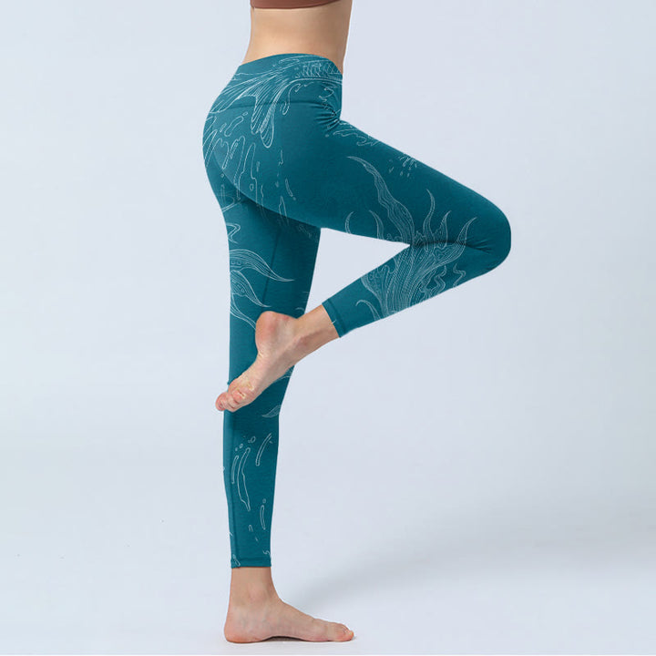 Leggings de yoga para mujer con estampado de ondas fluidas y peces koi azules y Buddha Stones - image 4