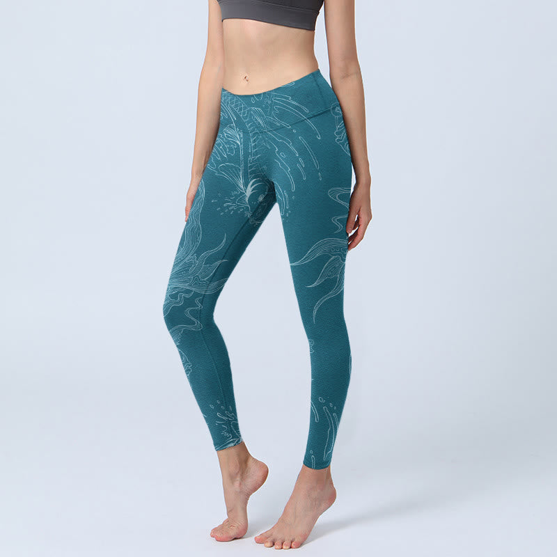 Leggings de yoga para mujer con estampado de ondas fluidas y peces koi azules y Buddha Stones - Cadete Azul - US18，UK/AU22，EU50 (4XL) - image 1
