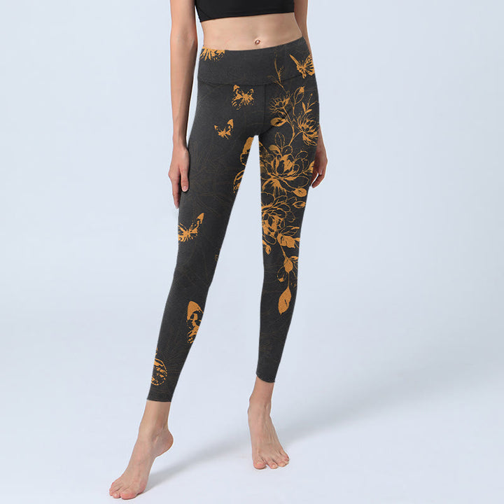 Leggings de yoga para mujer con estampado de flores de peonía y mariposas en gris oscuro y Buddha Stones - image 6