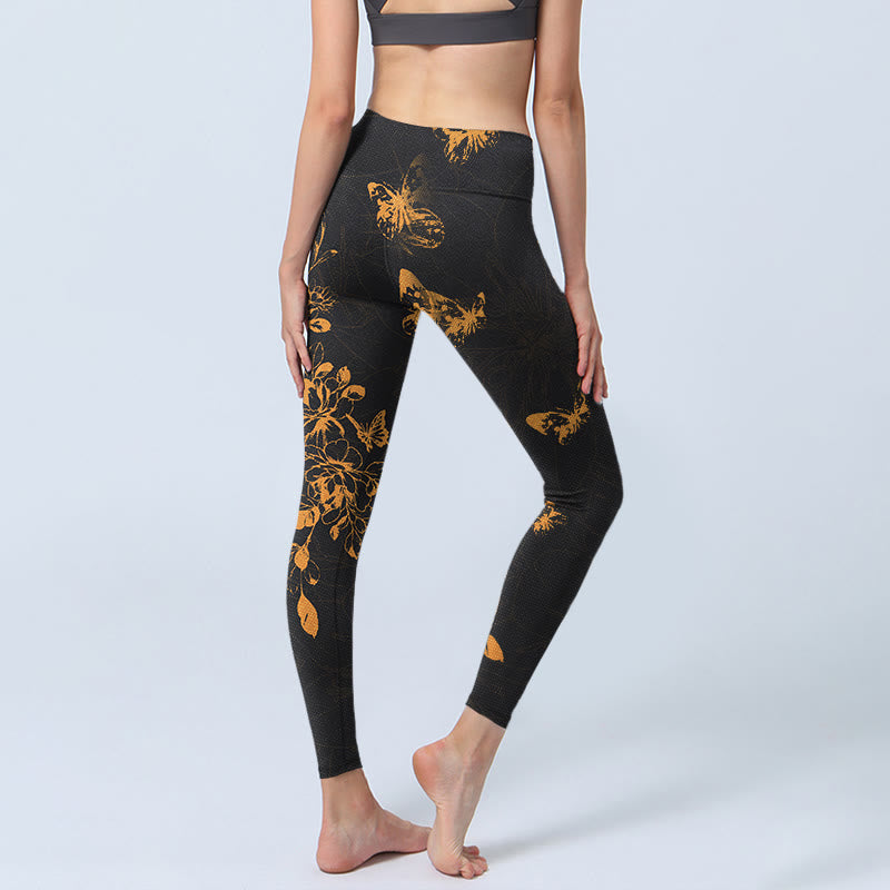 Leggings de yoga para mujer con estampado de flores de peonía y mariposas en gris oscuro y Buddha Stones - image 4