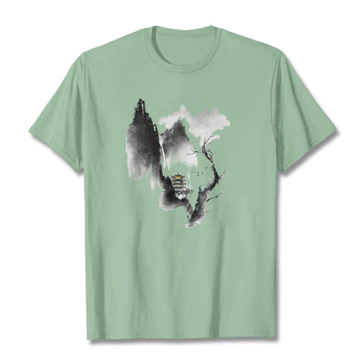 Camiseta con estampado de Buddha Stones Pavilion Tree Geese Around The Mountains - Verde pálido - 2XL - image 16