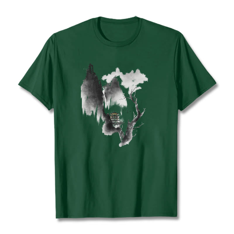 Camiseta con estampado de Buddha Stones Pavilion Tree Geese Around The Mountains - Verde bosque - 2XL - image 12