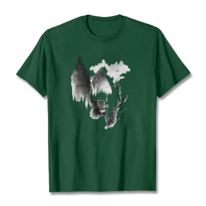Camiseta con estampado de Buddha Stones Pavilion Tree Geese Around The Mountains - Verde bosque - 2XL - image 12
